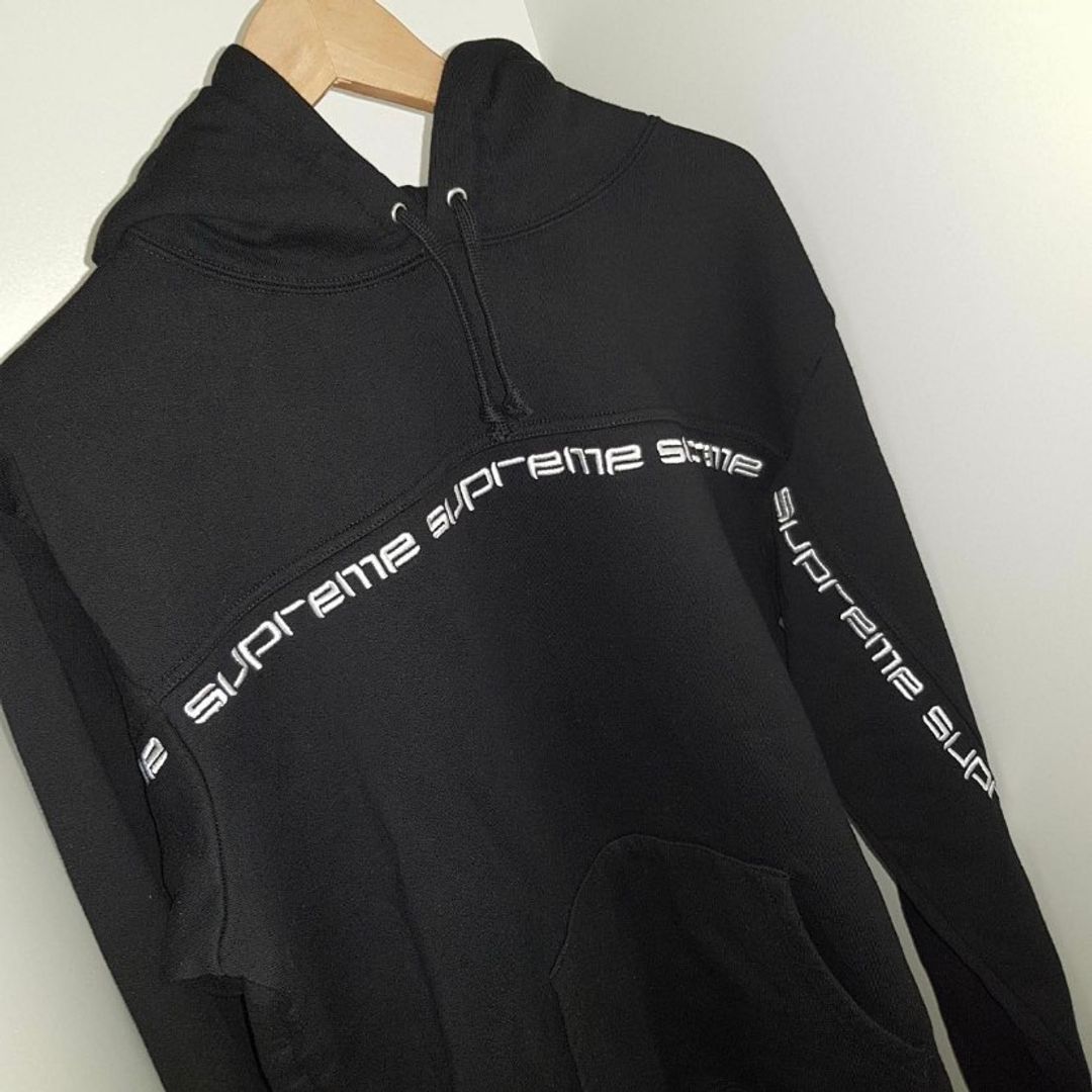 Supreme text stripe clearance hoodie